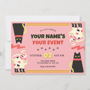 Black Pink retro cat Invitation