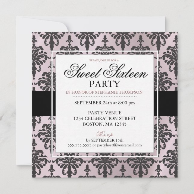 Black Pink Rose Damask Sweet 16 Party Invitations (Front)