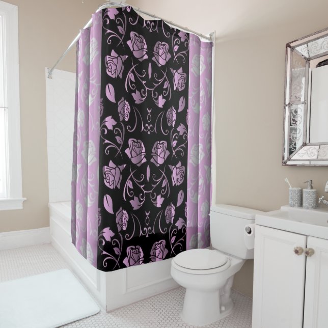Black & Pink Rose Floral Panels Shower Curtain (In Situ)