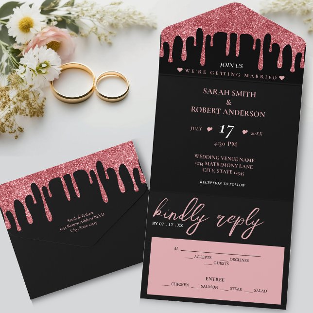 Black & Pink Rose Gold Glitter Drip Wedding All In One Invitation (Black & Pink Rose Gold Glitter Drip Wedding All In One Invitation)