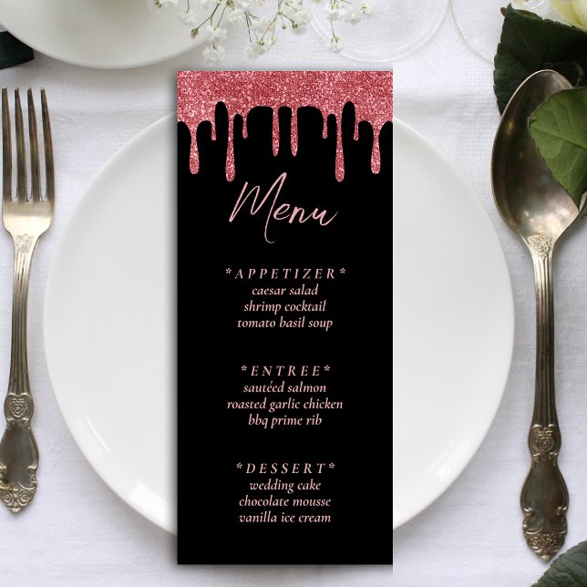 Black & Pink Rose Gold Glitter Drip Wedding Menu (Black & Pink Rose Gold Glitter Drip Wedding Menu)