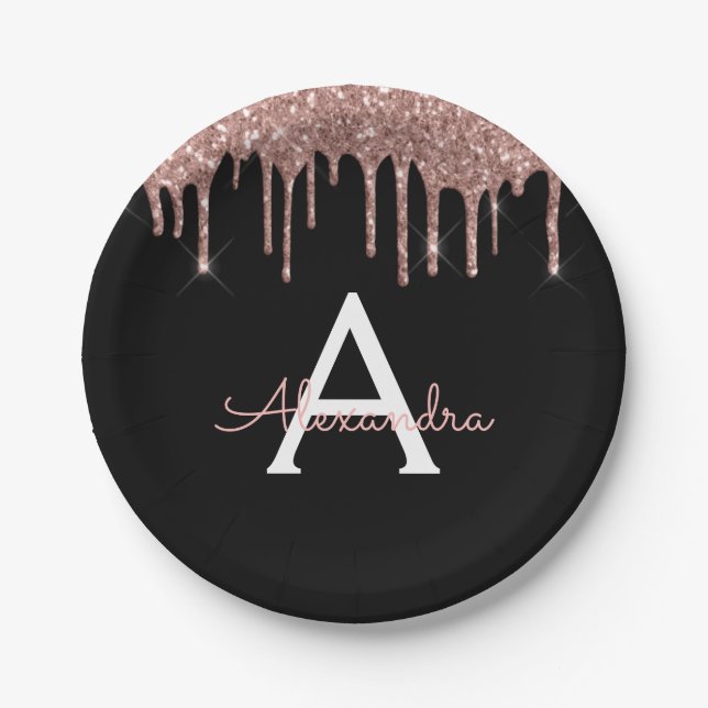 Black Pink Rose Gold Glitter Monogram Birthday Paper Plate (Front)
