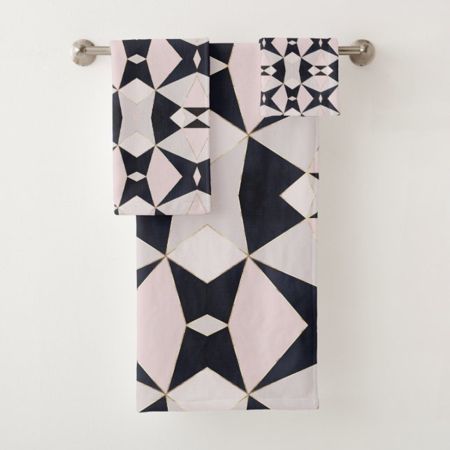 Black Pink Rose Gold Kaleidoscope Geometric Bath Towel Set (Insitu)