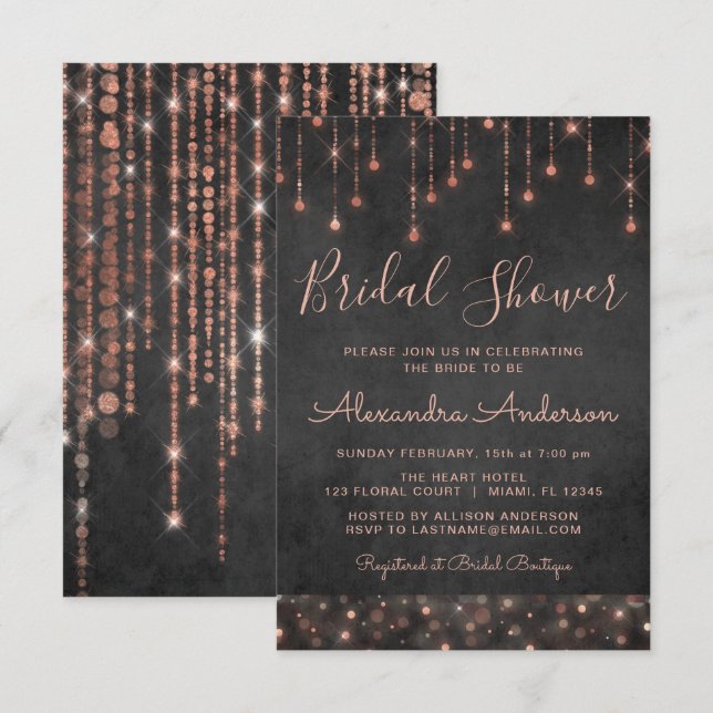 Black Pink Rose Gold String Lights Bridal Shower Invitation (Front/Back)