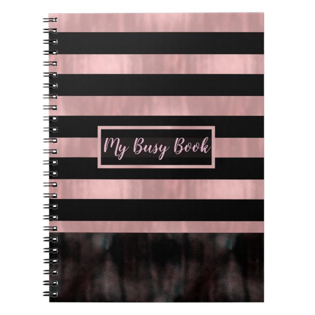 Black & Pink Rose Gold Stripes Modern Glam Notebook (Front)