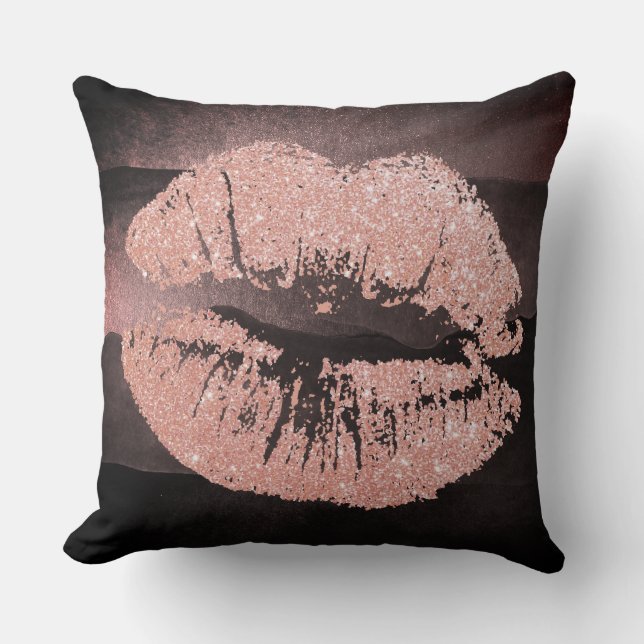 Black Pink Rose Lips Glitter Blush Sparkly Kiss Cushion (Front)