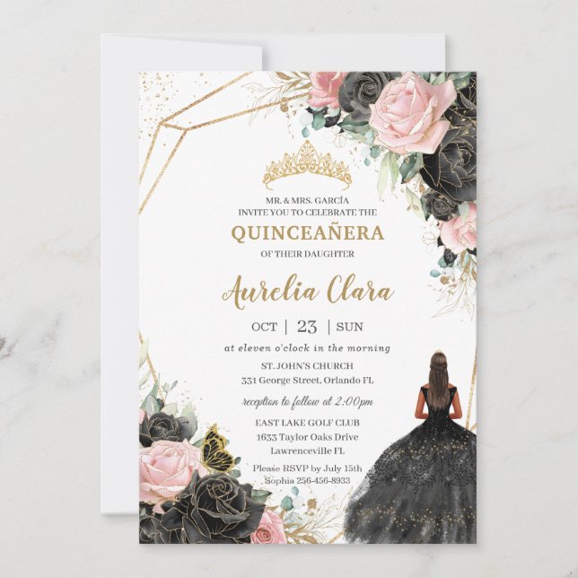Black Pink Roses Floral Quinceañera Sweet Sixteen Invitation (Front)