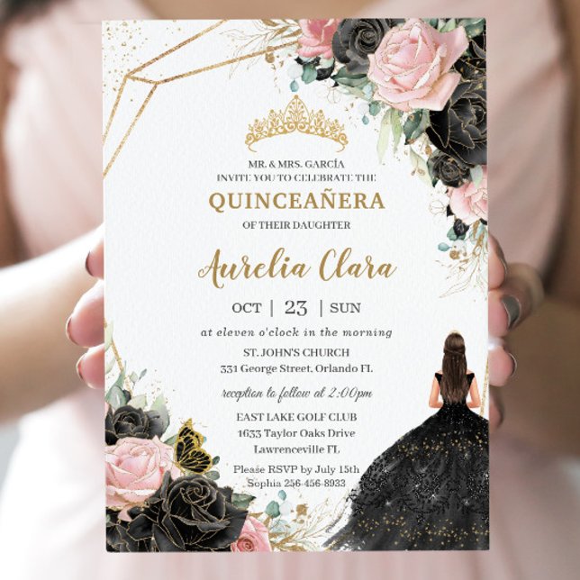 Black Pink Roses Floral Quinceañera Sweet Sixteen Invitation (Creator Uploaded)