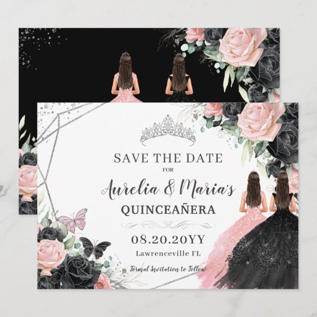 Black Pink Roses Floral Twins Quinceanera Sweet 16 Save The Date (Front/Back)