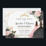 Black Pink Roses Floral Twins Quinceanera Sweet 16 Save The Date<br><div class="desc">Click the Edit Using Design Tools button to further edit the text,  wording,  font style,  font size,  font colour,  add more text,  move or remove some images.  The butterflies,  quince girls,  crown are moveable,  resizable,  multipliable and removable.
Matching items available in store! (c) The Happy Cat Studio</div>