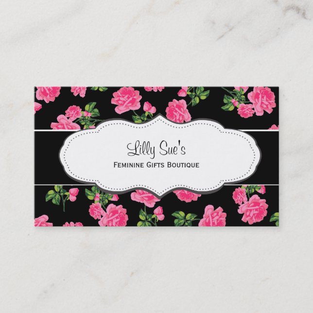 Black & Pink Roses Flowery Business Cards (Front)