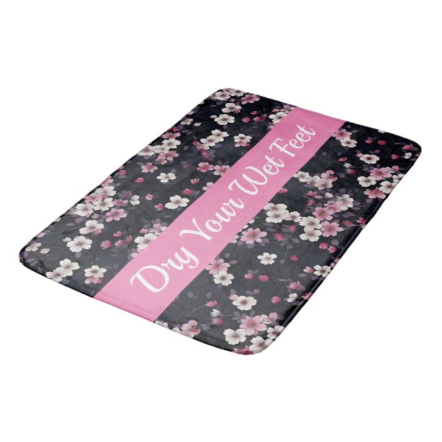 Black Pink Sakura Flowers, Pattern Design,  Bath Mat (Angled)