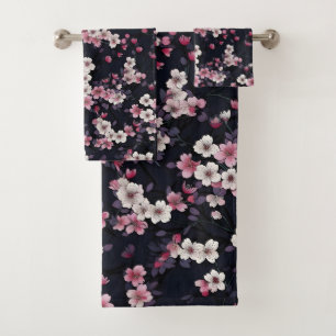 Black Pink Sakura Flowers, Pattern Design,  Bath Towel Set
