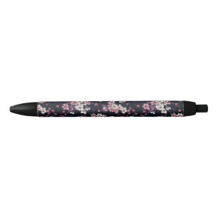 Black Pink Sakura Flowers, Pattern Design,  Black Ink Pen
