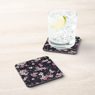 Black Pink Sakura Flowers, Pattern Design,  Coaster