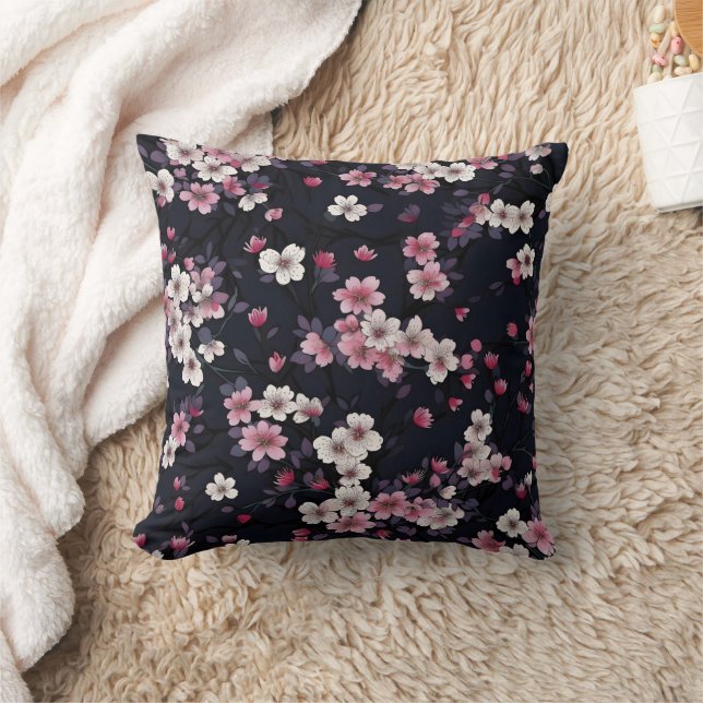 Black Pink Sakura Flowers, Pattern Design,  Cushion (Blanket)