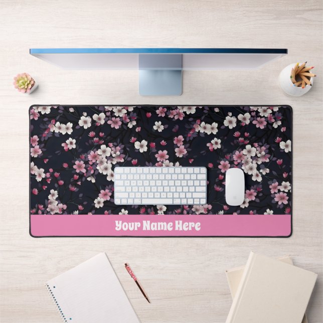 Black Pink Sakura Flowers, Pattern Design, Desk Mat (Office 1)