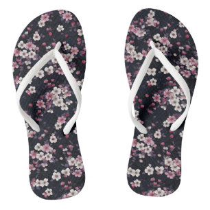 Black Pink Sakura Flowers, Pattern Design,  Flip Flops