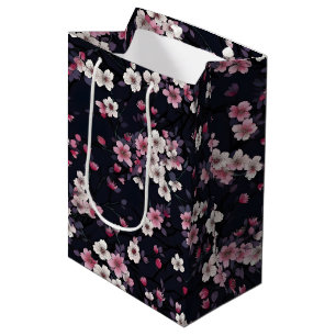Black Pink Sakura Flowers, Pattern Design,  Medium Gift Bag