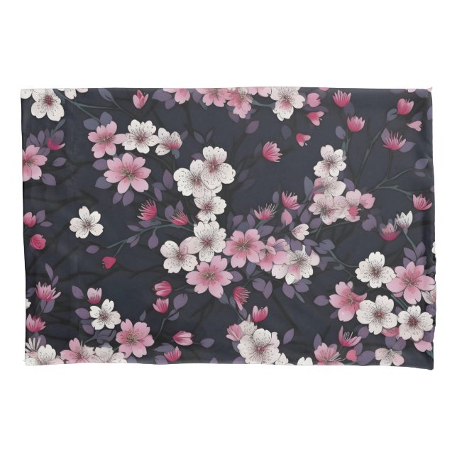 Black Pink Sakura Flowers, Pattern Design,  Pillowcase (Front)