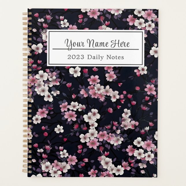 Black Pink Sakura Flowers, Pattern Design,  Planner (Front)
