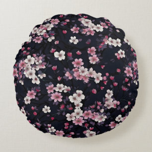 Black Pink Sakura Flowers, Pattern Design,  Round Cushion