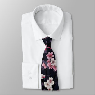 Black Pink Sakura Flowers, Pattern Design,  Tie