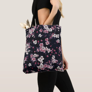 Black Pink Sakura Flowers, Pattern Design, Tote Bag