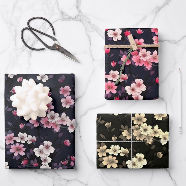 Black Pink Sakura Flowers, Pattern Design,  Wrapping Paper Sheet (Front)