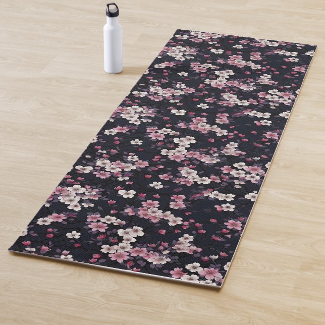 Black Pink Sakura Flowers, Pattern Design,  Yoga Mat (In Situ)