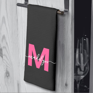 Black Pink Script Name Monogram Tea Towel