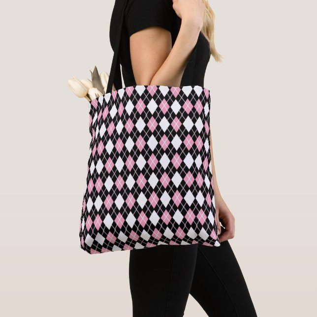 Black & Pink Seamless Argyle Pattern Tote Bag (Close Up)
