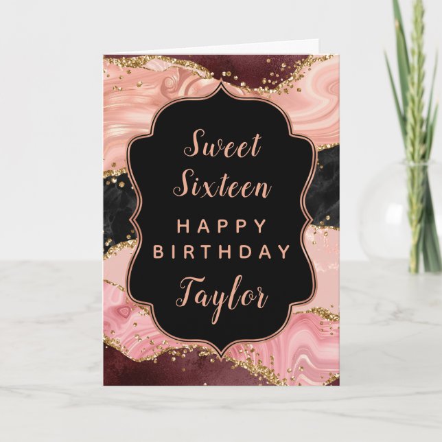 Black Pink Sequins Agate Sweet 16 Happy Birthday Card (Front)