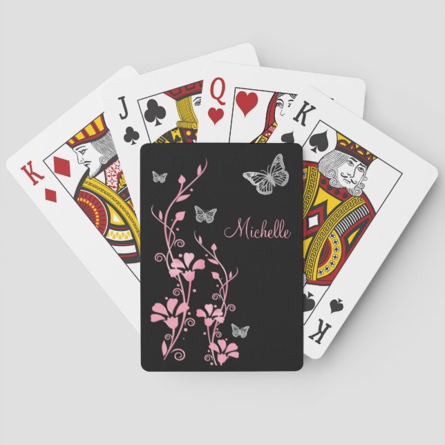 Black Pink Silver Butterfly Floral Playing Cards (Back)