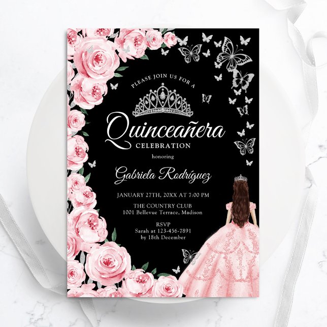 Black Pink Silver Floral Butterflies Quinceanera Invitation (Creator Uploaded)