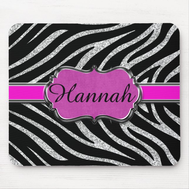 Black Pink Silver Glitter Zebra Personalised Mouse Mat (Front)