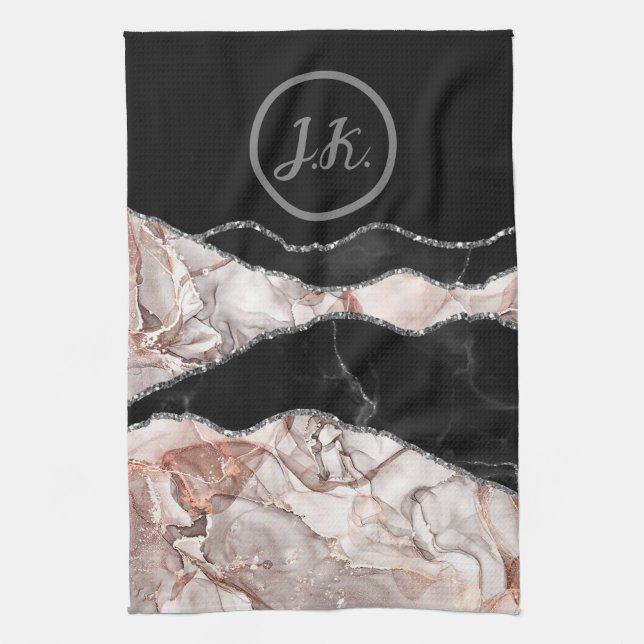 Black Pink Silver Initials Marble Agate Glam  Tea Towel (Vertical)