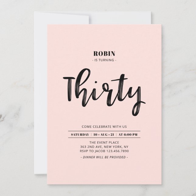 Black & Pink | Simple 30th Birthday Party Invitation (Front)