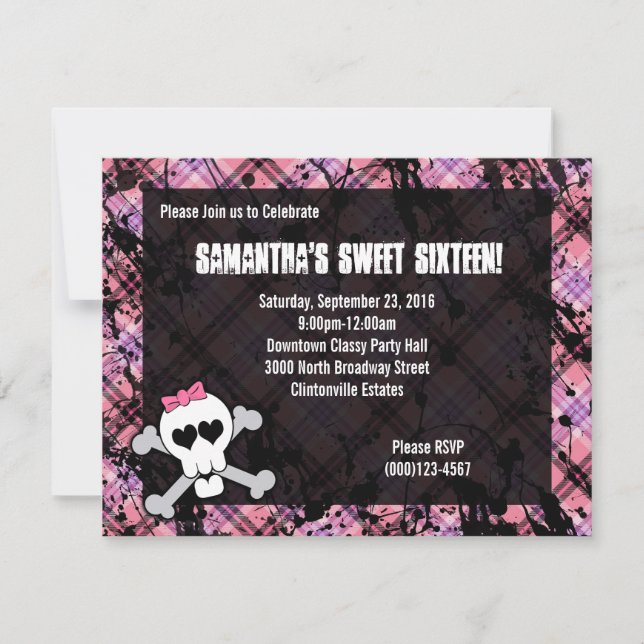 Black & Pink Skull Crossbones Sweet Sixteen Party Invitation (Front)