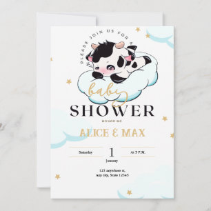Black Pink Sleepy Cow White Cloud Baby Shower  Invitation