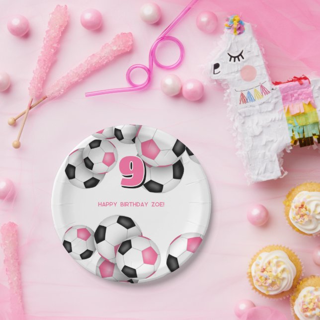 black pink soccer balls girls birthday party paper plate (Party)