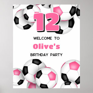 black pink soccer balls girls birthday party poster