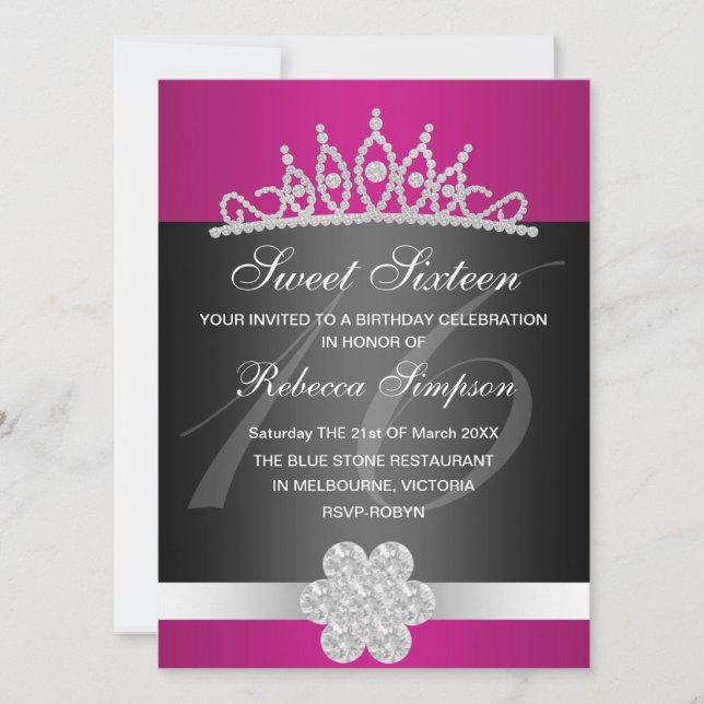 Black & Pink Sparkle Tiara Birthday Invitation (Front)