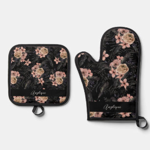 Black & Pink Spooky Chic Halloween Name Oven Mitt & Pot Holder Set