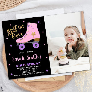 Black Pink Star Glitter Photo Skating Birthday Invitation