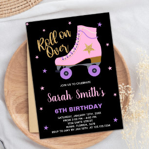 Black Pink Star Glitter Skating Birthday Invitation