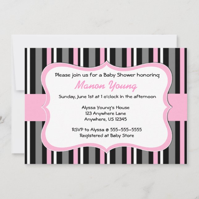 Black Pink Stripe Baby or Bridal Shower Invitation (Front)
