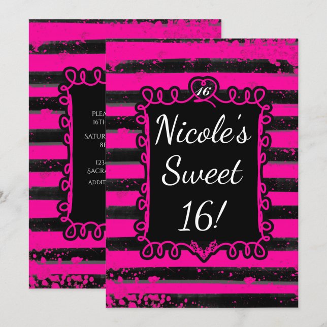 Black & Pink Stripe Grunge Glam Party Invitation (Front/Back)