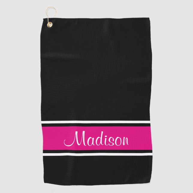 Black Pink Stripe Script Name Golf Towel (Front)