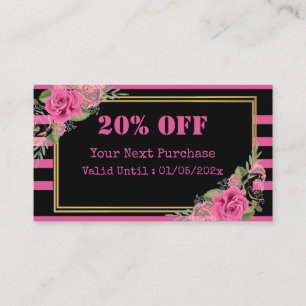 Black Pink Stripes Floral QR Code Discount Card
